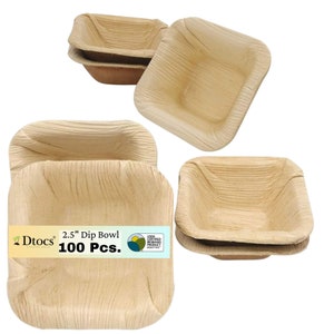 Disposable Sauce Dip Bowls [100] Square 2.5 Inch | 2 Oz Bamboo Bowl Like Compostable Palm Leaf Dish For Expo, Sampling, Wedding, Parties.