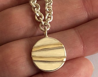 Silver and Gold Necklace, Round Pendant Necklace, Yellow Gold Stripes Pendant Necklace, Chunky Chain, Chunky Necklace.