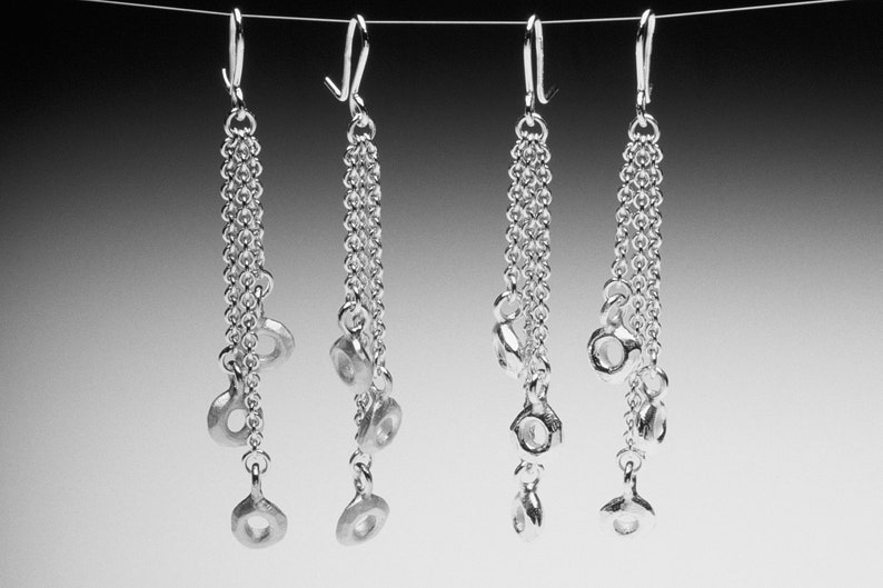 Chandelier Hooks Multi-Drop Silver Chain Earrings Long Silver Cascading Circle Drop Dangling Earrings Elegant Earrings Cocktail Party