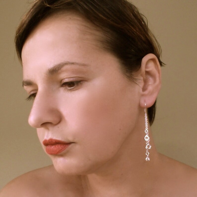 Chandelier Hooks Multi-Drop Silver Chain Earrings Long Silver Cascading Circle Drop Dangling Earrings Elegant Earrings Cocktail Party