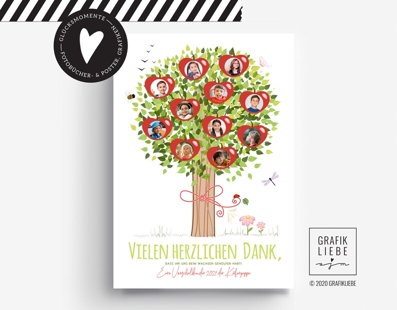 May include: A red apple tree with photos of children in each apple. The text "VIELEN HERZLICHEN DANK, DASS IHR UNS BEIM WACHSEN GEMEINSAM HELFT! Ein Vorschuljahr 2021 der K" is below the tree.