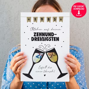 PDF regalo de cumpleaños en efectivo *Treinta y diez*, regalo de cumpleaños número 40, vale, 40, 1985, impresión en casa, tarjeta imprimible