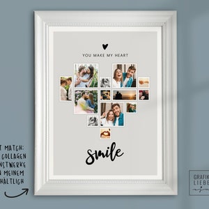 May include: A white frame with a gray background featuring a heart-shaped collage of photos. The text "YOU MAKE MY HEART" and "smile" are written in black. The text "PERFECT MATCH: PERSONALISIERTE COLLAGEN UND KUNSTWERKE IN MEINEM SHOP ERH&Auml;LTLICH" is written in black at the bottom left corner.