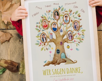 May include: A framed family tree art print. The watercolor illustration features a tree with photos of family members in the branches. The text "Wir sagen Danke" is at the bottom, with names above the photos.