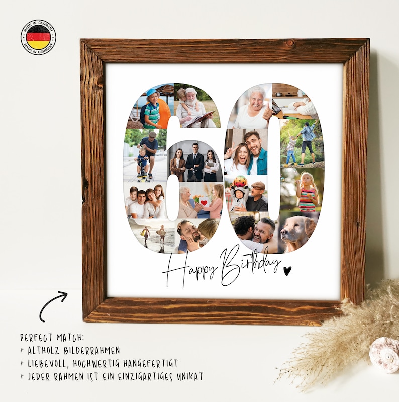 Foto-Poster GEBURTSTAG, personalisiertes Geschenk, Foto-Collage, Jubiläum Mit Rahmen Altholz