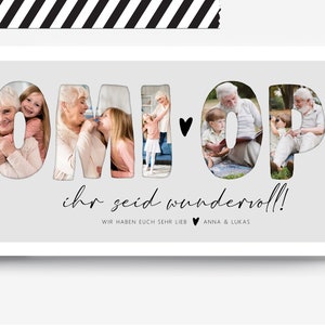 May include: A gray card with the words "OMI OPI" in large, white letters. The letters are filled with photos of an older couple and two children. The text "ihr seid wundervoll!" is written below the letters. The text "WIR HABEN EUCH SEHR LIEB ANNA & LUKAS" is written below the text.
