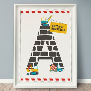 Namensposter *BAUMEISTER* Personalisiertes Namensbild, Geburtsbild, Buchstabe, Baustelle, Bauarbeiter