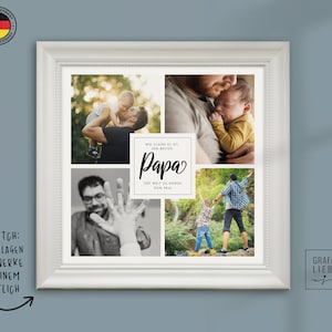 May include: A white framed collage with four photos of a father and his son. The photos show the father holding his son, the father and son walking in a park, and the father and son looking at each other. The text "Wir schon es ist, der besten Papa" is written in black on a white background in the center of the collage.
