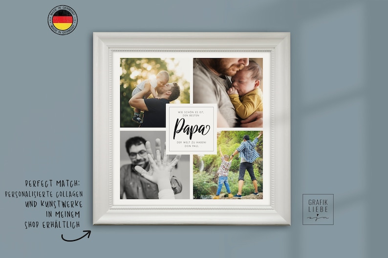 May include: A white framed collage with four photos of a father and his son. The photos show the father holding his son, the father and son walking in a park, and the father and son looking at each other. The text "Wir schon es ist, der besten Papa" is written in black on a white background in the center of the collage.