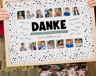 Puede incluir: Un póster enmarcado blanco con un fondo de lunares blanco y negro. El póster dice "Danke" en letras negras grandes y tiene una lista de nombres con fotos de niños. El póster también dice "For die wunderschöne Zeit bei euch!" y "Eure Vorschulkinder 2025".