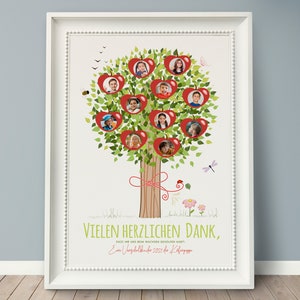 May include: A white framed poster with a green tree with red apples. Each apple has a photo of a child inside. The tree has a brown trunk with a red ribbon tied around it. The poster says "Vielen herzlichen Dank, dass ihr eine so bewachen  Gemeinschaft wart. Ein  Abschlussbild 2021 der Klasse".