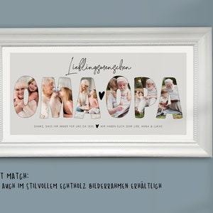 May include: A white framed photo collage with the words "Lieblingsmenschen Oma Opa" and a heart symbol. The letters are made up of photos of an older couple. The text below the collage reads "Danke, dass ihr immer f&uuml;r uns da seid. Wir haben euch sehr lieb, Anna & Lukas."