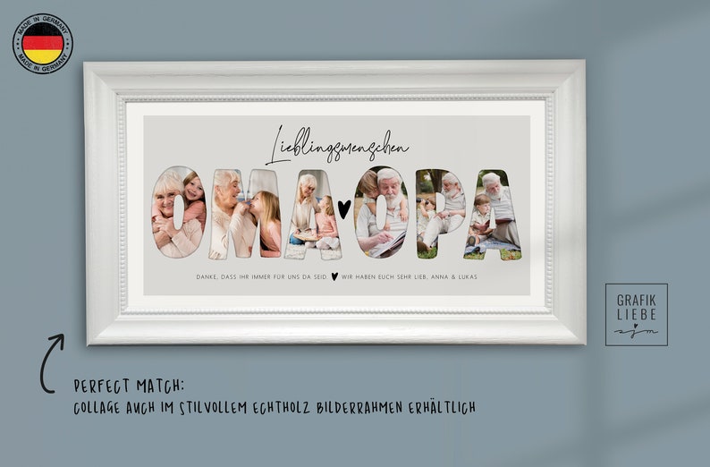 May include: A white framed photo collage with the words "Lieblingsmenschen Oma Opa" and a heart symbol. The letters are made up of photos of an older couple. The text below the collage reads "Danke, dass ihr immer f&uuml;r uns da seid. Wir haben euch sehr lieb, Anna & Lukas."