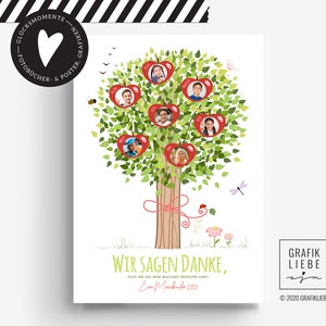 May include: A red apple tree with photos of children in the apples. The tree has a brown trunk and green leaves. The text "Wir sagen Danke, dass ihr uns beim Wachsen geholfen habt! Ein  M&auml;rz 2021" is at the bottom of the image.