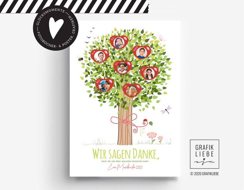 May include: A red apple tree with photos of children in the apples. The tree has a brown trunk and green leaves. The text "Wir sagen Danke, dass ihr uns beim Wachsen geholfen habt! Ein  M&auml;rz 2021" is at the bottom of the image.