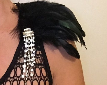 Black feather epaulette with diamanté jewel shoulder pad