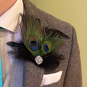 Peacock and black feather jewelled clip for hair, lapel, bag etc