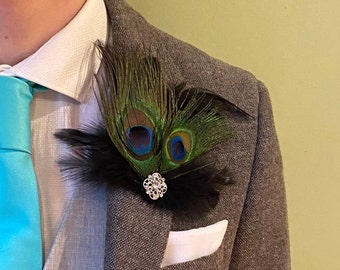 Peacock and black feather jewelled clip for hair, lapel, bag etc