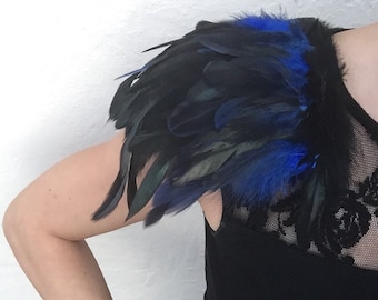 Blue and black feather epaulette shoulder pads