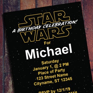 Op de afbeelding: Bewerkbare PDF-uitnodiging voor een Star Wars-themaverjaardagsfeest. De uitnodiging heeft een zwarte achtergrond met gele tekst en sterren. De tekst luidt "Star Wars, Een verjaardagsfeest! Voor Michael, Zaterdag 1 januari, om 14:00 uur, Plaats van het feest, 123 Street Name, Cityname, ST 12345, RSVP vóór 12/1/19 aan Padme 555.555.5555". De kracht is met deze uitnodiging! Eenvoudig te gebruiken! Geen gratis proefversie van derden vereist.
