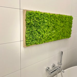 May include: A rectangular piece of wall art with a bright green moss design, framed in light-coloured wood. It's mounted on a white tiled wall, with a chrome tap visible below. The moss has a dense, textured appearance, adding a natural element.