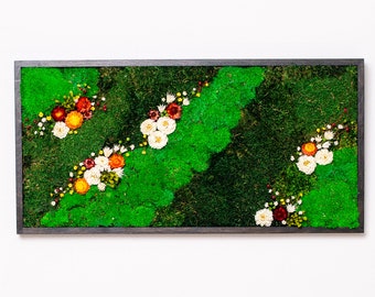 Moss and Flowers Green Wall Art Panel, Preserved Moss Indoor Vertical Garden, Natural Moss Interior Wall Panel, Nature Indoors Bio Wall Art