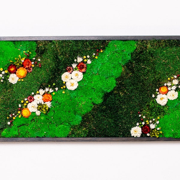 Moss and Flowers Green Wall Art Panel, Preserved Moss Indoor Vertical Garden, Natural Moss Interior Wall Panel, Nature Indoors Bio Wall Art