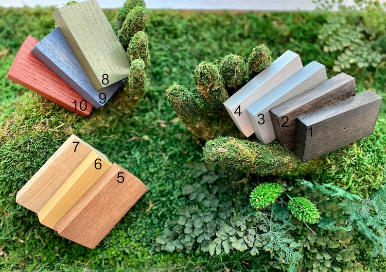 May include: Ten rectangular wooden blocks in shades of brown, grey, and red are displayed on green moss. The blocks showcase a range of wood tones, from dark to light, with a variety of finishes.