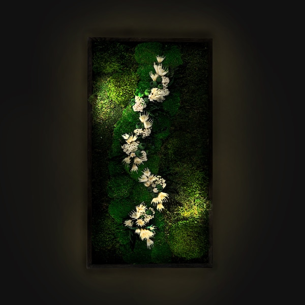 White Flowers Handmade Plant Artwork | Moss Artwork | Natural Oak and Plants Wall Art | Unique Home Decor Piece | Original LED Wall Art