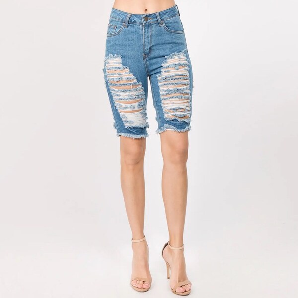 Plus Hi-Waist Distressed Bermuda Short Jeggings main image 0