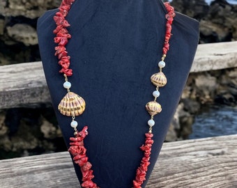 Sicilian necklace in Mediterranean coral, necklace with shells, ceramic necklace, summer necklace, summer, coral and ceramic necklace