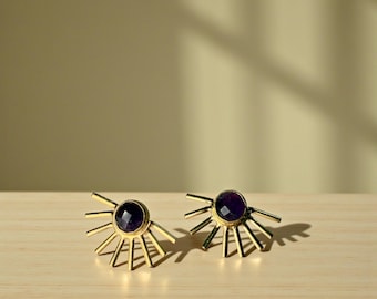 Sunburst Gold Plated Brass Earrings with Amethyst