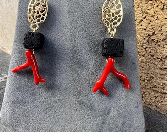 Boucles D'oreilles Anciennes - Lave Noire Et Corail - Style Pendantes Dormeuses