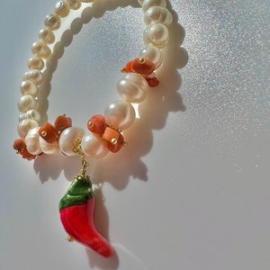 Sicilian bracelet, bracelet with coral river pearls and Caltagirone ceramics