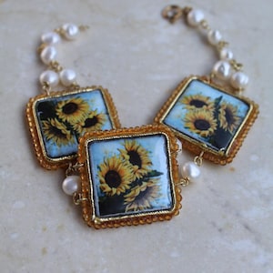 Pulsera siciliana, baldosa de piedra volcánica del Etna, pulsera de perlas de río