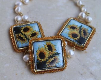 Sicilian bracelet, Etna lava stone tile, river pearl bracelet