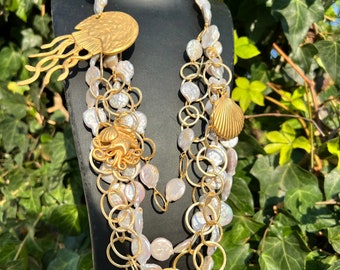 Collier en céramique sicilienne, collier personnalisé multi-brins pour femmes, collier en couches de perles naturelles, collier de perles florales