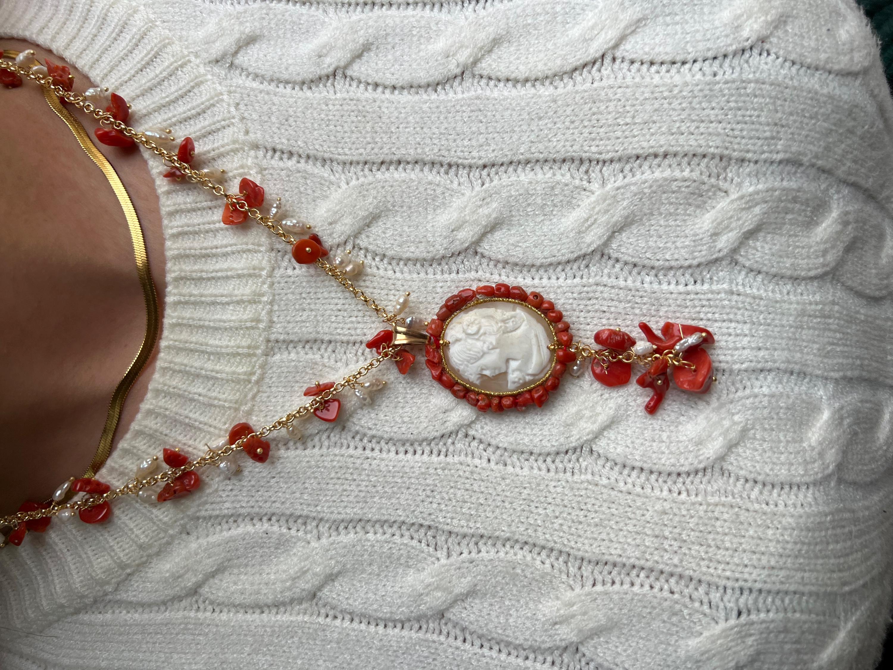 Collier En Argent 925 Avec Perles Blanches Et Camée Sardonique Corail - 49 Cm - Neuf Avec étiquettes