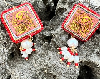 Boucles d’oreilles avec carrelage en pierre de lave de l’Etna, boucles d’oreilles en céramique, boucles d’oreilles siciliennes