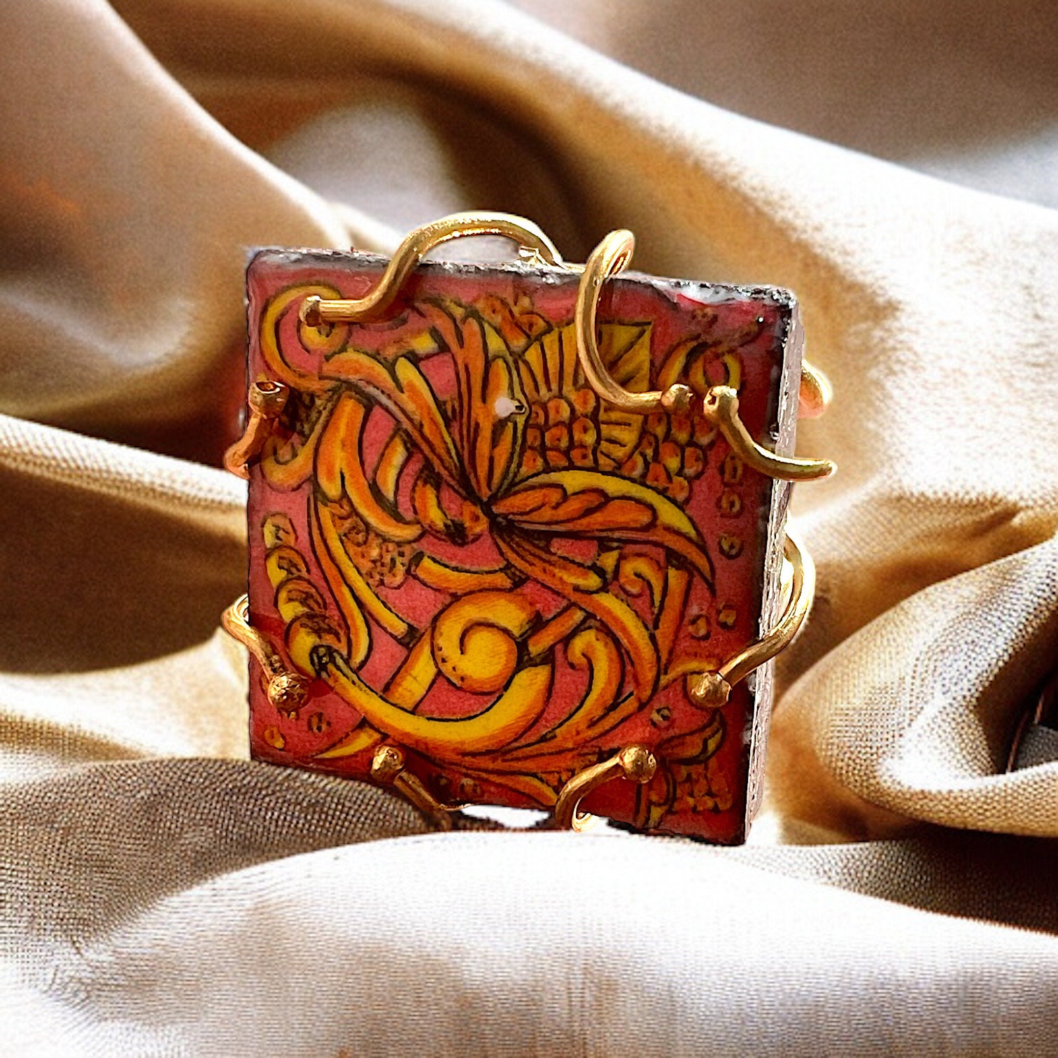 Sicilian ring, golden silver ring, Etna ring, lava ring, ring Made in sicily, silver and lava, ring with tile,