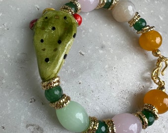 Sicilian bracelet prickly pear bracelet, Caltagirone ceramic bracelet with colored Agates and quartz