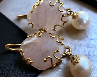 golden silver earrings, earrings with semiprecious stones, earrings with rose quartz, earrings with pearls, jewel earrings, wedding earrings