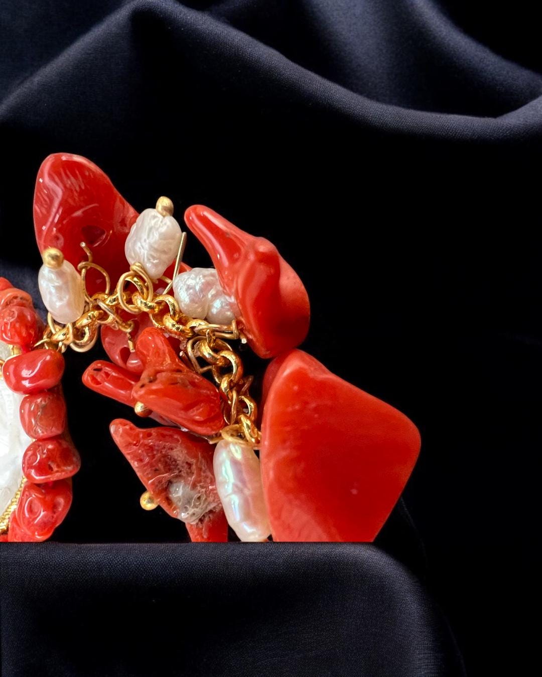 Collier En Argent 925 Avec Perles Blanches Et Camée Sardonique Corail Rouge - Longueur 49 Cm