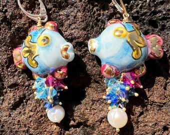 Caltagirone ceramic earrings Earrings with Swaroski cluster earrings Sicilian earrings