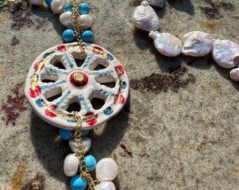 Sicilian necklace, pearl necklace, necklace with interchangeable pendant, necklace with Caltagirone ceramics