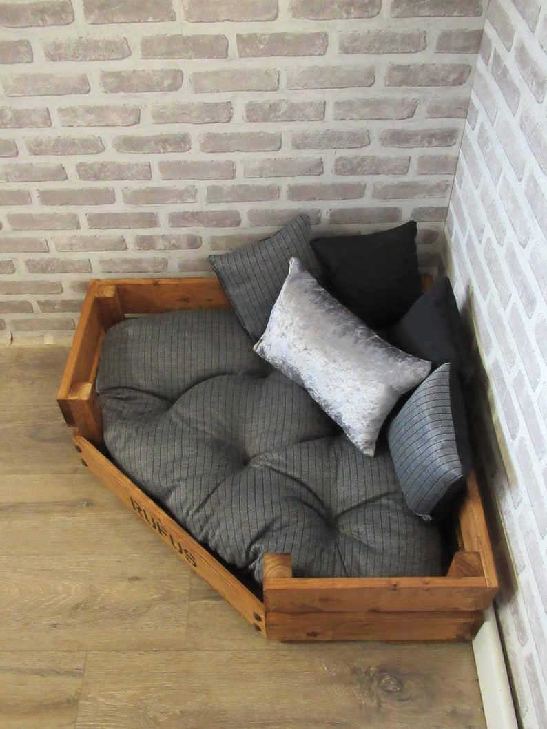 Large Personalised Rustic Wooden Corner Dog Bed in Grey and Etsy UK