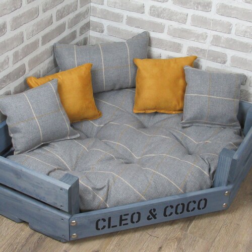 XL Personalised Rustic Wooden Corner Dog Bed in Grey Fabric Etsy