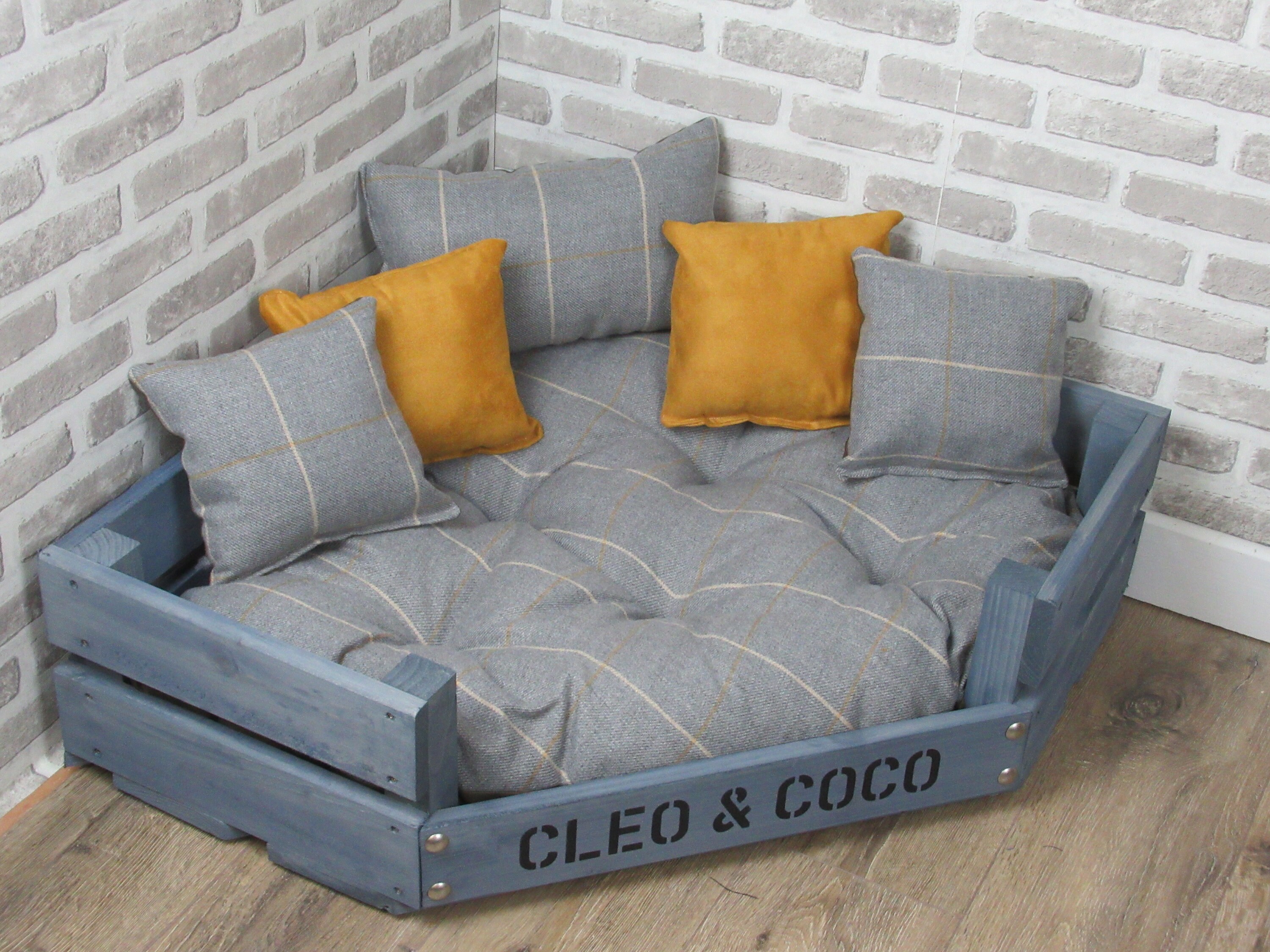 Large Personalised Grey Wooden Corner Dog Bed In Grey & | Etsy