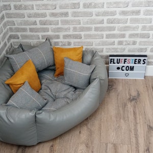 Small / Medium Grey Faux Leather Corner Dog Bed