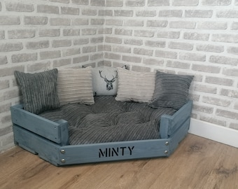 Large Personalised Grey Wooden Corner Dog Bed In Grey Jumbo Wool Cord Fabric